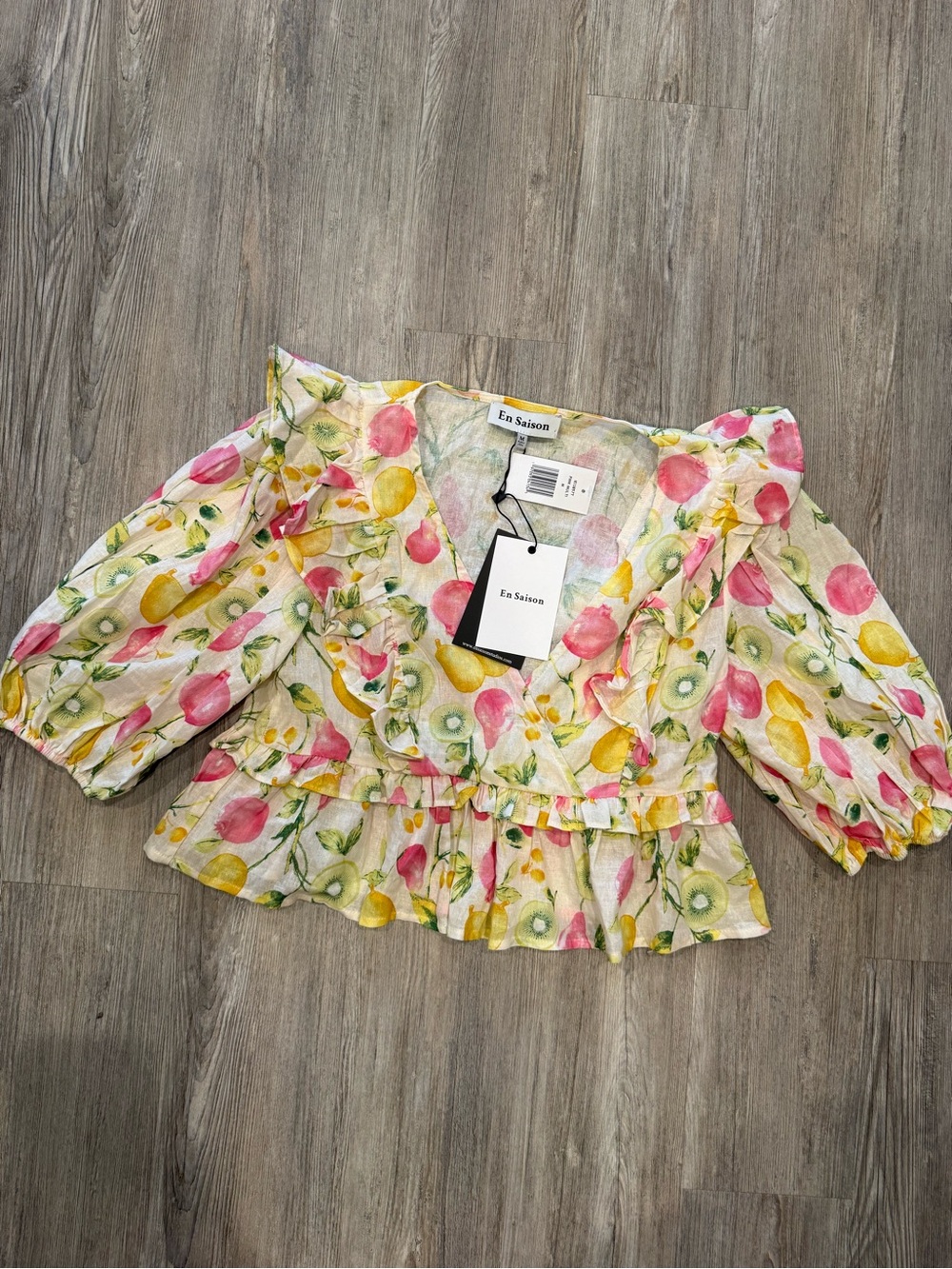 En Saison Ruffled Peplum Top in Pink and Yellow Fruit Print